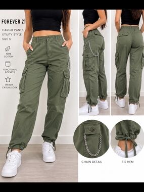 Forever 21 Olive Green Cargo Pants Chain Detail Tie Hem Utility Jogger Size S